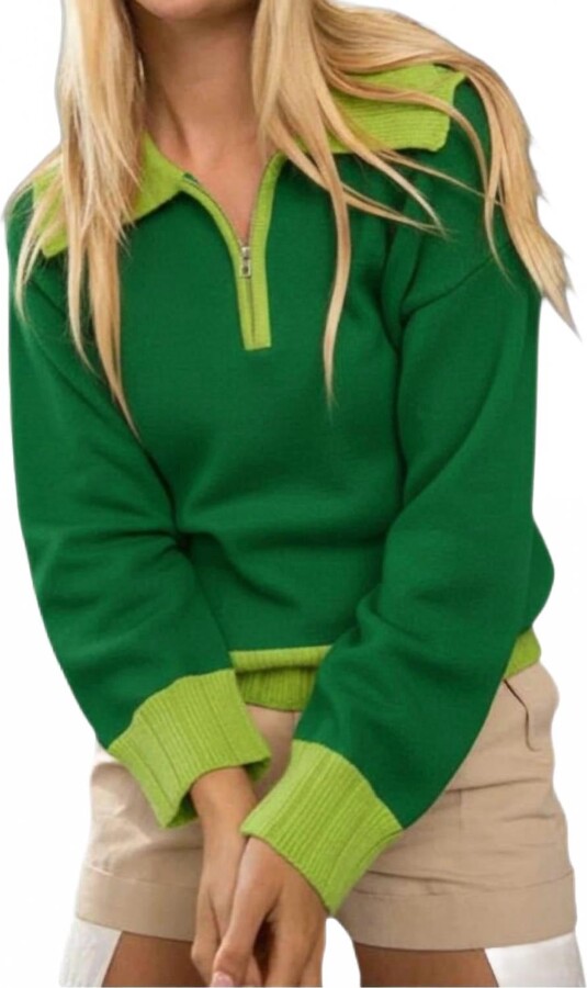 Papermoon Jessi Zipper Front Big Collar Sweater In Green