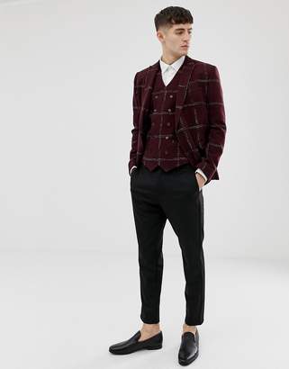 ASOS Design Slim Double Breasted Blazer In Moons Wool Rich Burgundy Check