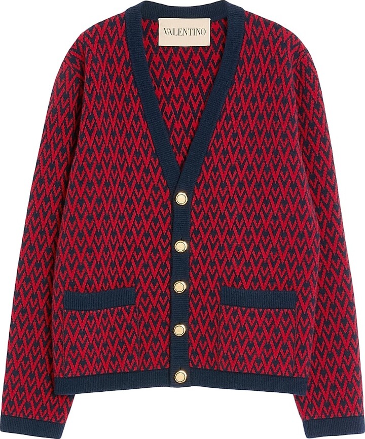 Valentino Garavani Men's Wool Cardigan with Toute La V Pattern - Red Navy - Size Medium