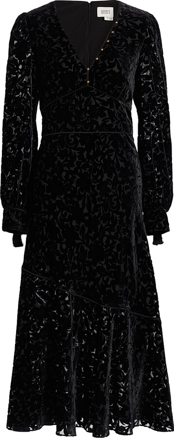 Marchesa Rosa Women's Burnout Velvet Flounce Midi-Dress - Black - Size 0