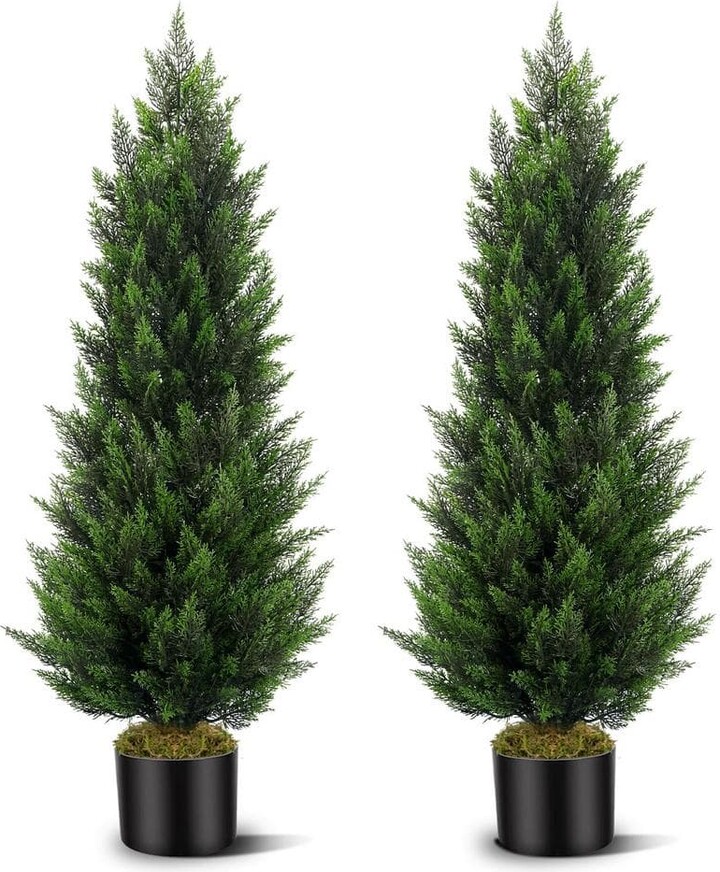 Vitalismo 2Sets Green Plants 4ft Artificial Topiary Cedar Tree With Black Pot 48in Faux Pine Shrub Plant for Outdoor Indoor Dec