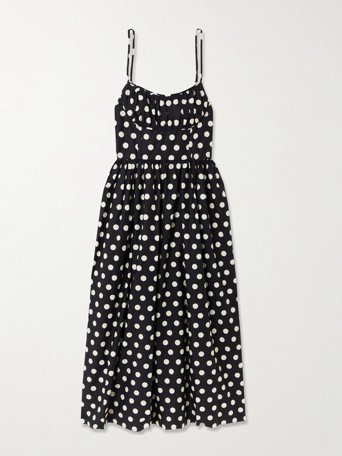Cara Cara Alba Polka-dot Gathered Smocked Cotton-poplin Midi Dress - Black
