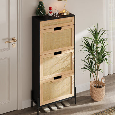 Dakota Fields Shoe Cabinet, Shoe Storage with 3 Flip Doors, Natural Rattan Shoe Rack with Adjustable Shelf, 1 Drawer, Shoe Organizer Cabinet for Entryway