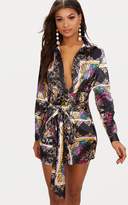 Thumbnail for your product : PrettyLittleThing Pink Satin Scarf Print Tie Waist Shirt Dress