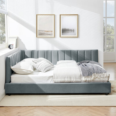 Full Size Upholstered Tufted Bed Frame, Sofa Bed Frame with Comfortable Backrest and Armrests, Full Size Bed for Bedroom, Living Room