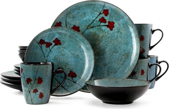 Elama 16pcStonewareSkyBloomDinnerwareSetRed/Blue FloralDishSetMicrowave&DishwasherSafeServicefor4