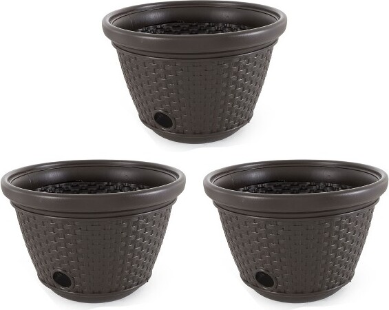 Suncast SuncastPlasticWickerGardenWateringHoseCaddyOutdoorStorageHideawayHolderPotfor100FootLongHoseswith4DrainHoles,Java(3Pack)