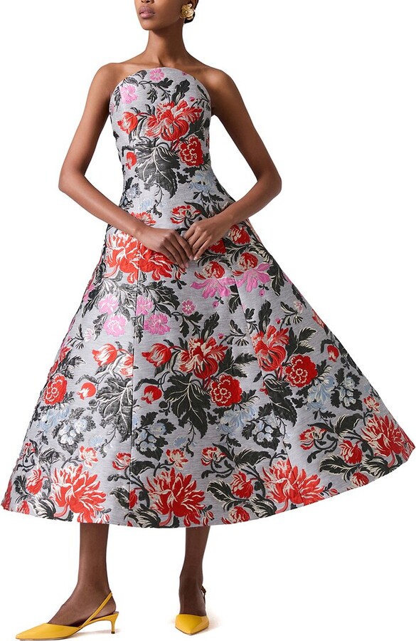 Carolina Herrera Strapless Curved Neckline Linen-Blend A-Line Dress