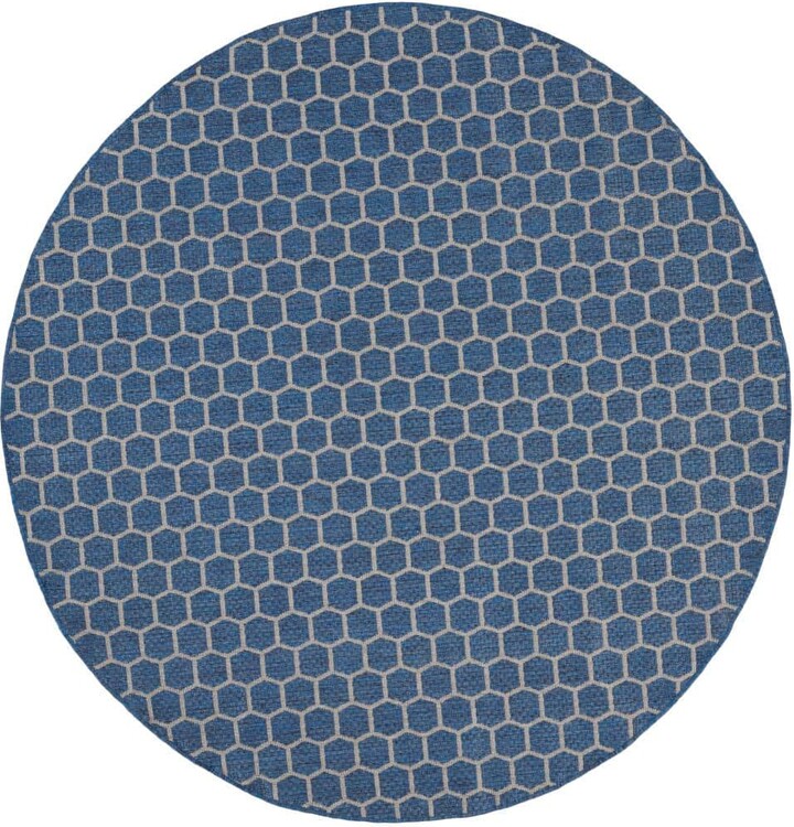 Nourison Reversible Indoor Outdoor Blue 8 ft. x 8 ft. Honeycomb Contemporary Round Area Rug