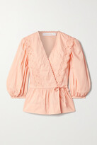 Thumbnail for your product : See by Chloe Broderie Anglaise-trimmed Cotton-poplin Wrap Blouse - Orange