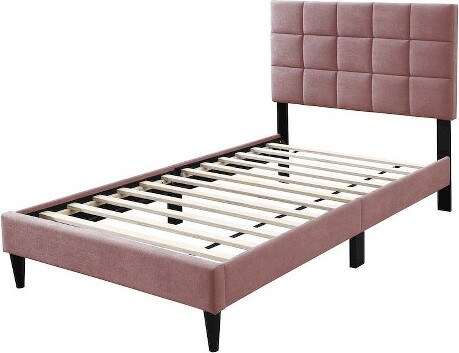 Poundex,AdjustableHeadboardTwinBedFrameinBrushedLinenPink