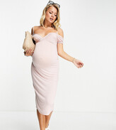 Thumbnail for your product : ASOS Maternity ASOS DESIGN Maternity cold shoulder plunge midi dress in beige