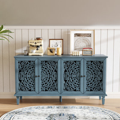 Astoria Grand 60" Antique Buffet Cabinet with Floral Carvings with Solid Wood Legs&Antique Brass Handles&Adjustable Shelves, TV Stand for 65''+ TV, Sideboard for Li