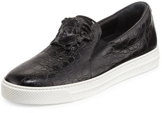 Versace Palazzo Idol Crocodile-Embossed Leather Slip-On Sneaker, Black