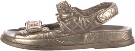 Chanel Leather Slingback Sandals Gold & Metallic Interlocking CC Logo Chain-Link Accents Wrap-Around Straps & Velcro Closure at Uppers Designer