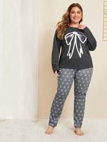 Thumbnail for your product : Shein Plus Bow Print Long Sleeve Pajama Set
