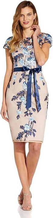 Adrianna Papell Short Sleeve Embroidered Sheath Dress with Ribbon Tie Waist Women's Dress Midnight Nude : 4, Polyester