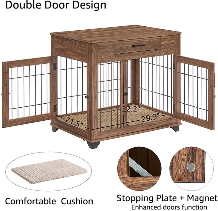 unipaws Dog Crate End Table with Drawer, Wooden Wire Pet Kennels with