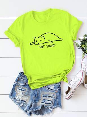 Shein Cat And Letter Print Tee