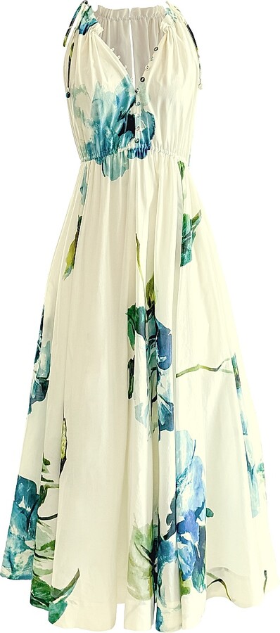 Secret Mission Women's River Floral Drawstring Maxi Dress - Watercolor Blue Floral - Size XS