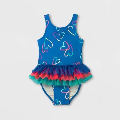 Toddler Girls' Heart Print Tutu One Piece Swimsuit - Cat & Jack™ Blue