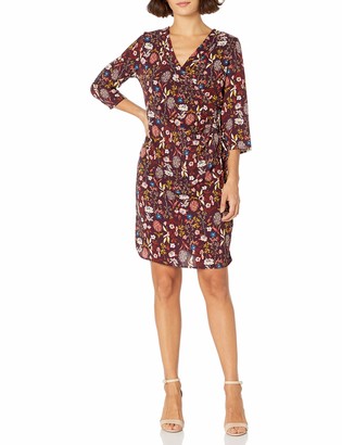 NY Collection Women's Printed 3/4 Sleeve Dress with Pleated Wrap and Grommet and Tie at Waist