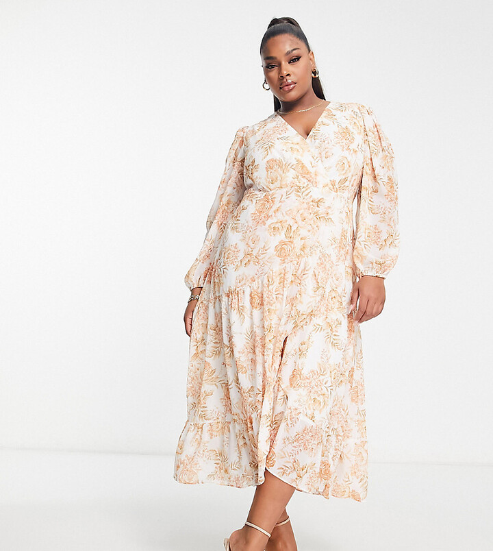 Forever New Curve wrap midi dress in apricot floral ShopStyle