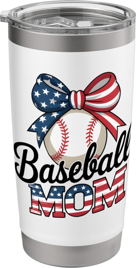 Funny Baseball Mom Mothers Day 4th Of July USA Tee Baseball Mom USA Flag Bow 4th of July for Game Day Pride Stainless Steel Insulated Tumbler