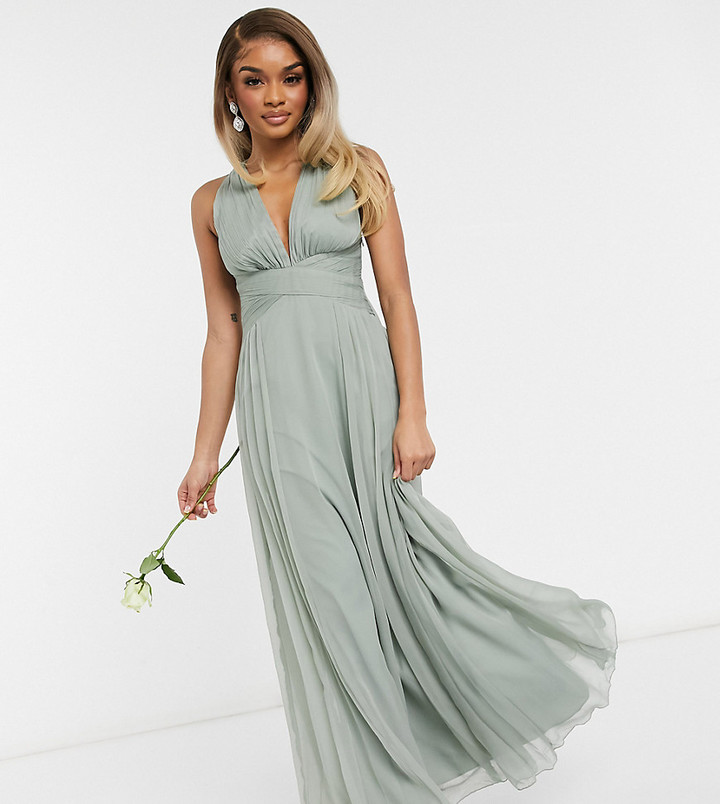 ASOS Petite ASOS DESIGN Petite Bridesmaid ruched bodice drape maxi dress  with wrap waist in olive - ShopStyle