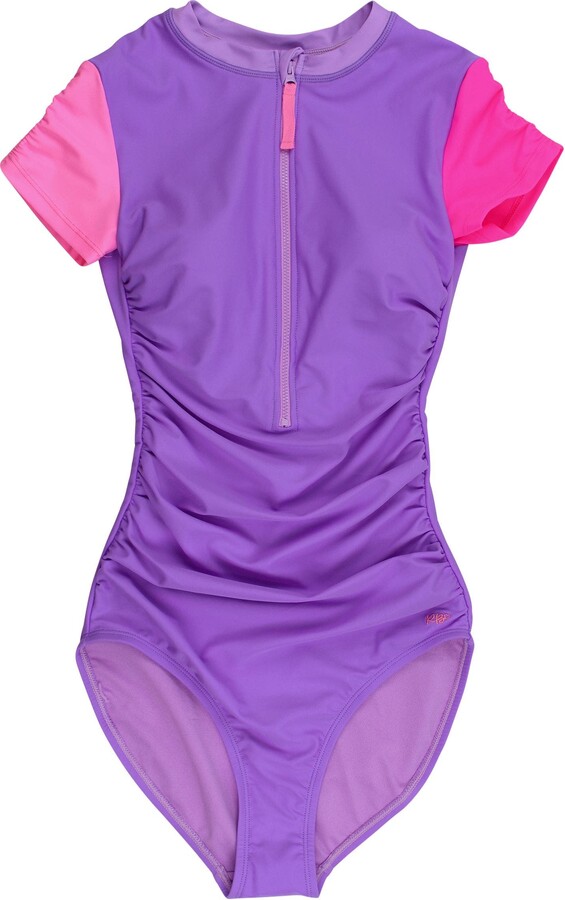 RuffleButts UPF50+ Sun Protected Women's Quarter Zip Short Sleeve One Piece Rash Guard Swimsuit