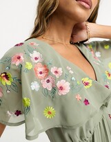 Thumbnail for your product : ASOS DESIGN v-neck angel sleeve pleat midi dress with all over embroidery in khaki