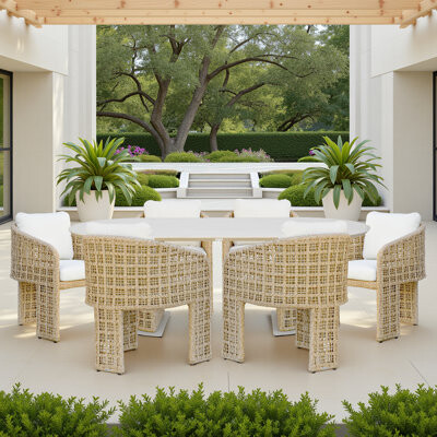 Bayou Breeze Deldon 7-Piece Coastal Rope Outdoor Dining Set With Oval Sintered Stone Table