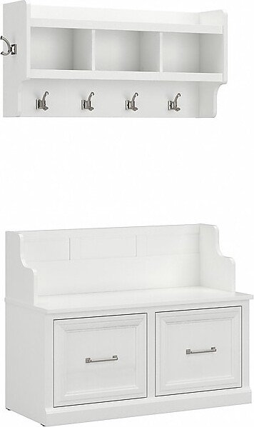 Bush Furniture Woodland 40W Entryway Bench with Doors and Wall Mounted Coat Rack, White Ash (WDL009WAS)