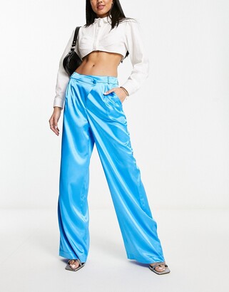 Mirage Satin Paper Bag Waist Wide-Leg Pants (Blue) · NanaMacs