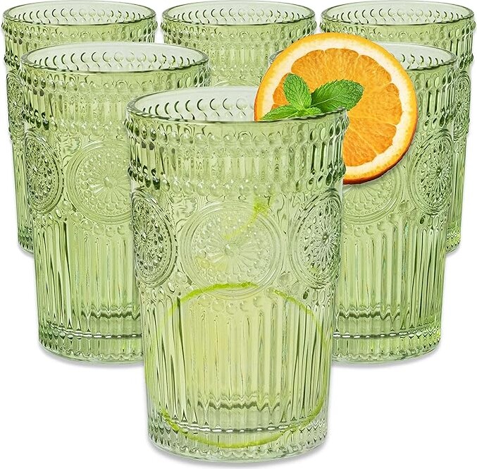 Vintage Textured Sage Green Striped Drinking Glasses Set of 6-13 oz Ribbed Glassware with Flower Design| Cocktail Set, Juice Glass, Water Tumbler