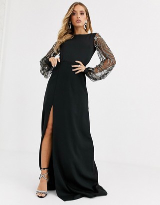 Virgos Lounge sheer long sleeve maxi dress with thigh split in black