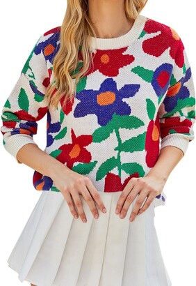 Generic Women Loose Long Sleeve Round Neck Colorful Big Flower Pullover  Sweater Knitwear Beer Zip up Jumper Sweaters White - ShopStyle