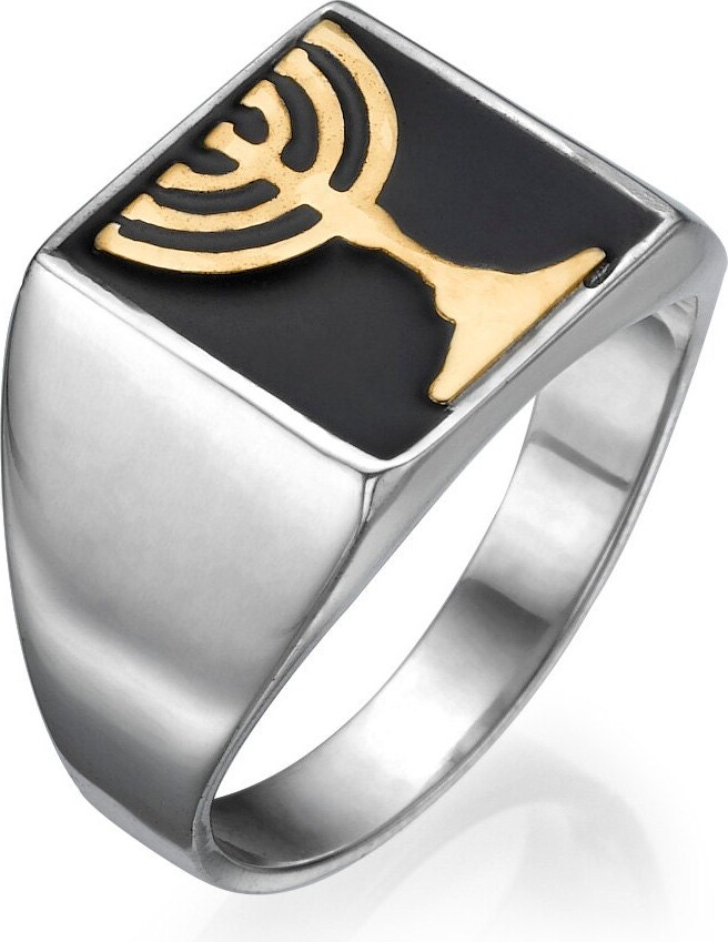 Etsy Jewish Menorah Ring in Sterling Silver With Gold Inlay Signet Ring Men's Jewelry Judaica Onyx From Israel