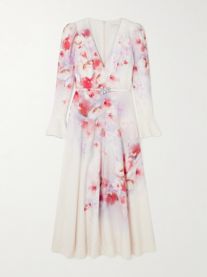 Zimmermann Crush Belted Floral-print Linen Midi Dress - Cream