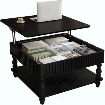 Red Barrel Studio Square Fluted Lift-Top Coffee Table With Hidden & Open Storage, Hydraulic Raising Mechanism, Retro Solid Wood Legs For Living Room, Sofa (Black)