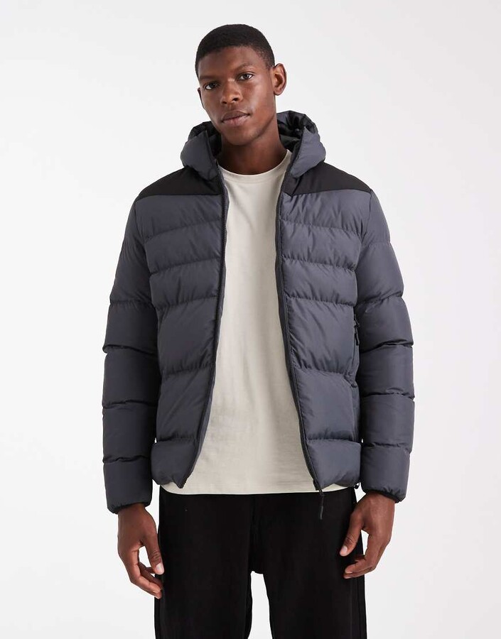 Brave Soul shiny puffer jacket with hood in navy ShopStyle