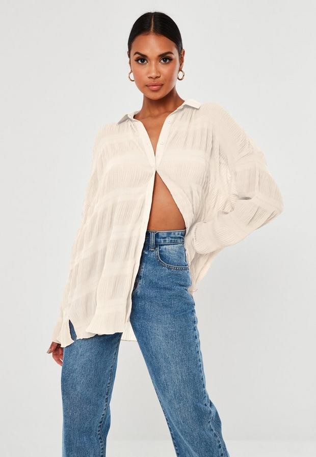 Missguided Cream Sheer Crinkle Extreme Oversized Shirt Shopstyle Tops