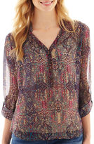 Thumbnail for your product : JCPenney a.n.a Long Rolled-Sleeve Mandarin Collar Woven Top - Petite