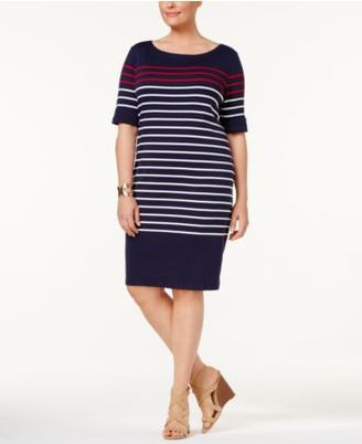 Karen Scott Plus Size Cotton Striped Shift Dress, Created for Macy's