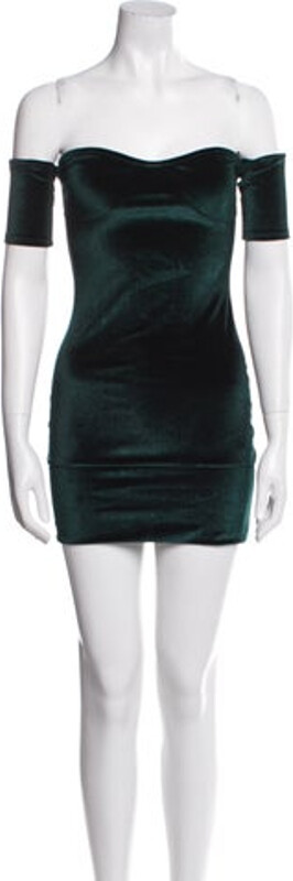 For Love & Lemons Velvet Sheath Dress Green Short Sleeve with Off-The-Shoulder Concealed Zip Closure at Back Designer