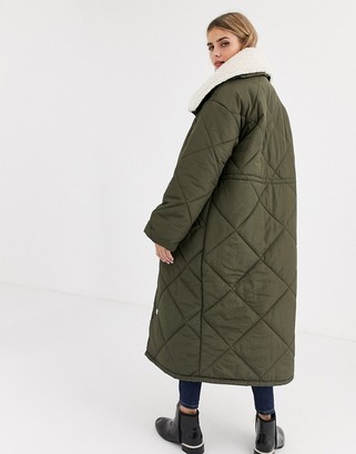 ASOS DESIGN quilted maxi puffer coat with borg collar in khaki
