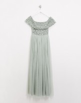 Thumbnail for your product : Maya Petite Bridesmaid bardot maxi tulle dress with tonal delicate sequins in sage green
