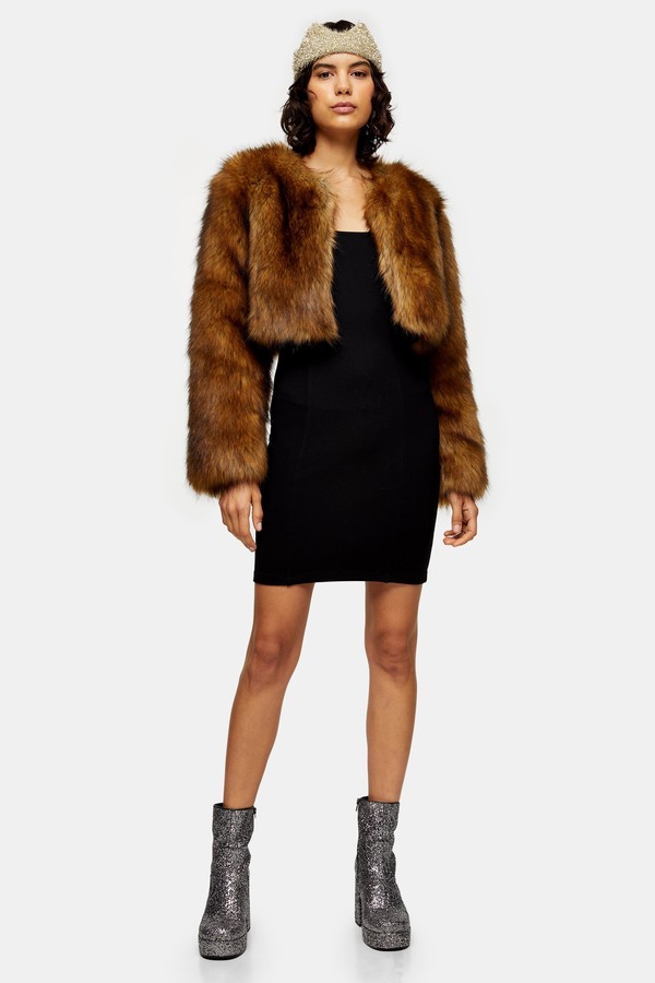 Topshop Brown Cropped Faux Fur Coat - ShopStyle