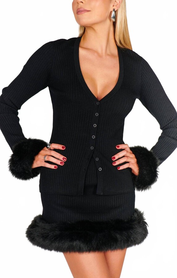 Show Me Your Mumu Sasha Top In Black Knit With Faux Fur