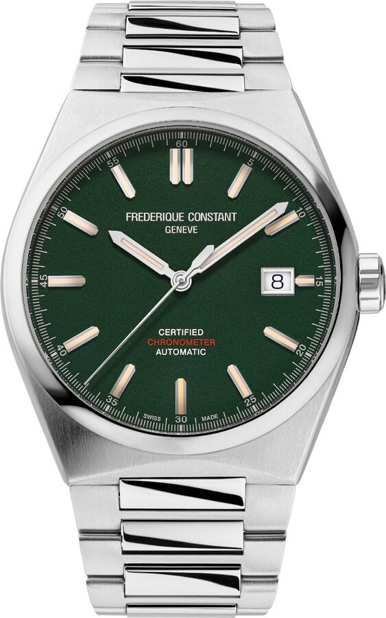 Bella Cosa Jewelers Frederique Constant Mens Swiss Automatic Highlife COSC Silver-Tone Stainless Steel Watch with Bracelet and Additional Green Nubuck Leather Strap
